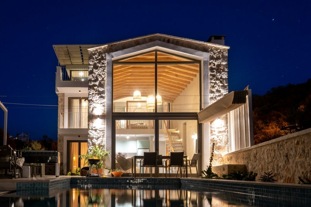 Modern home exterior with professional lighting by electrician in King County, WA.